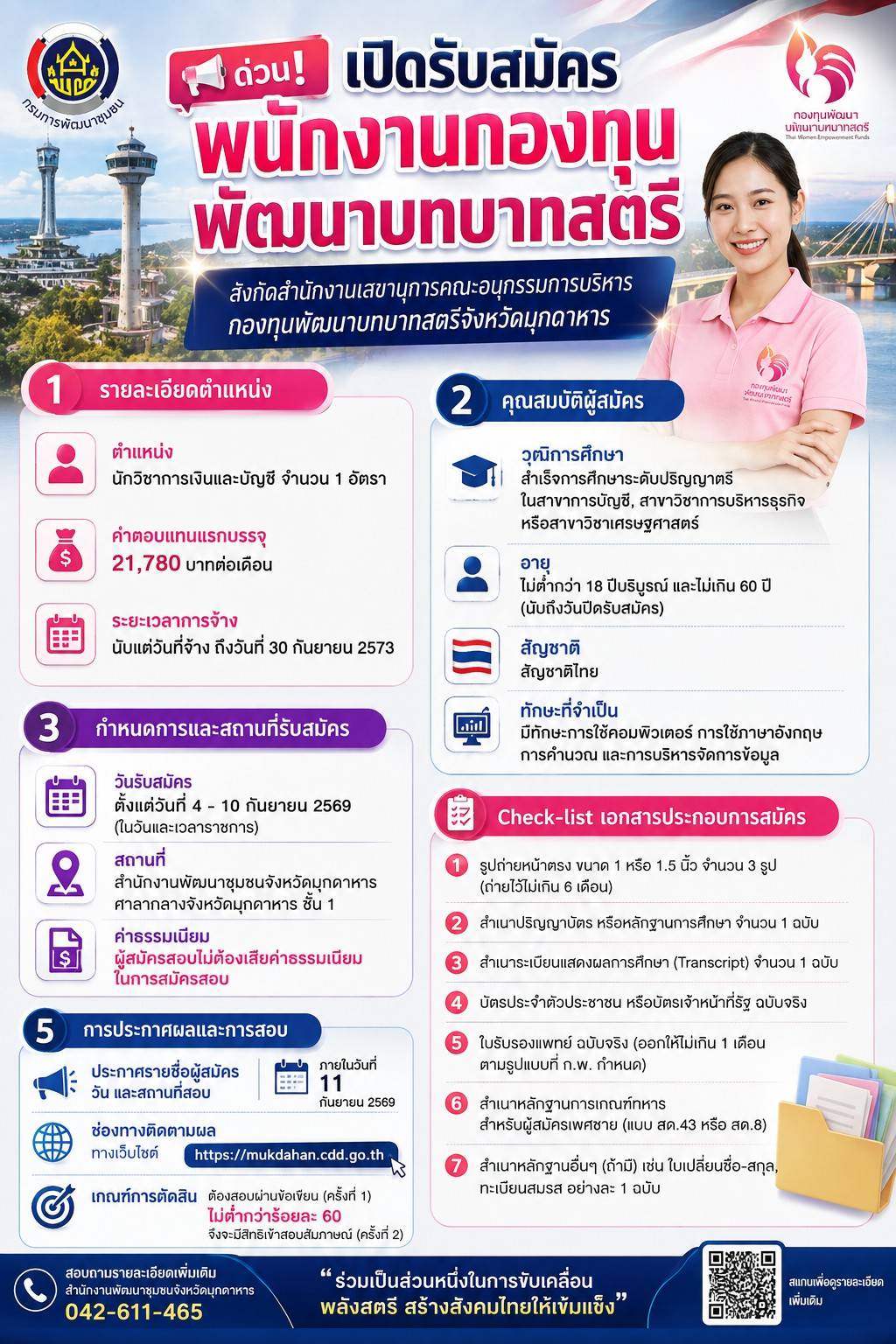 การรับสมัครบุคคลเพื่อสรรหาและเลือกสรรเป็นพนักงานกองทุนพัฒนาบทบาทสตรี สังกัดสำนักงานเลขานุการคณะอนุกรรมการบริหารกองทุนพัฒนาบทบาทสตรีจังหวัดมุกดาหาร